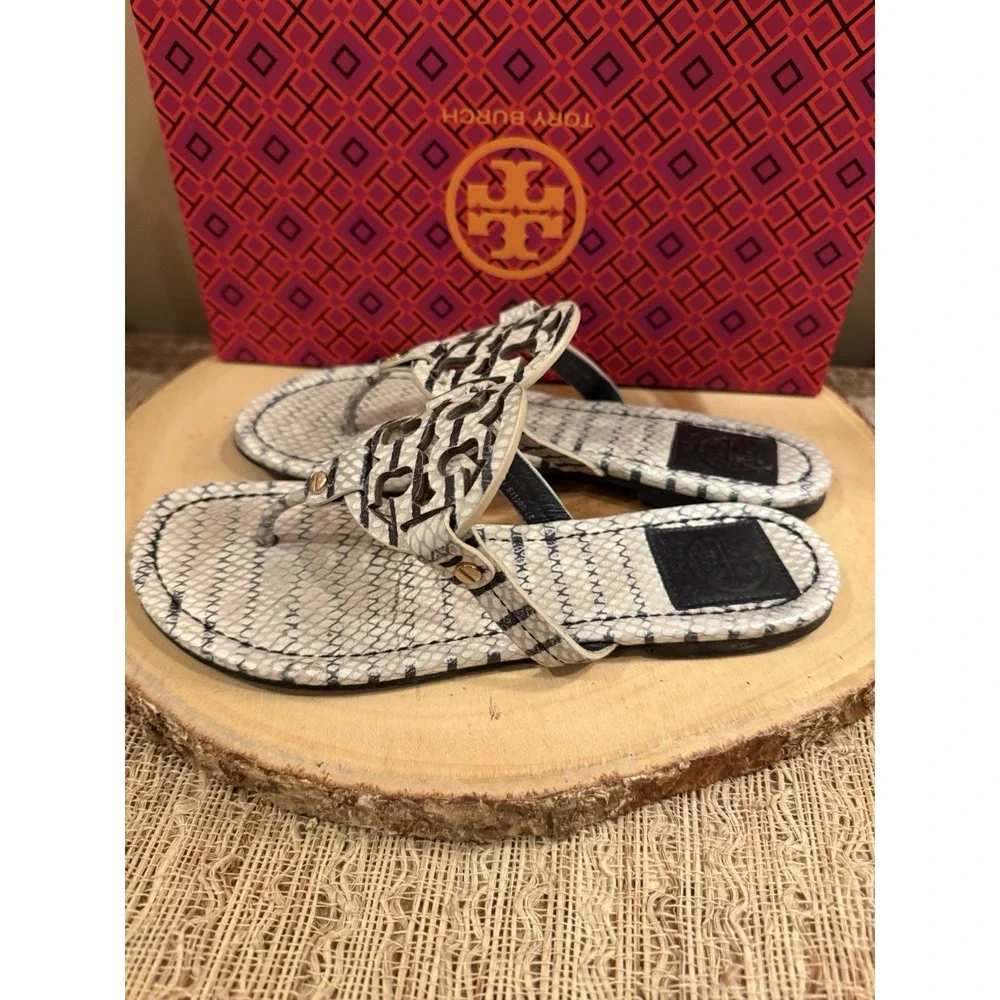 Tory Burch Miller Leather Thong‎ Sandal Warm Roccia Black & White US 7 258$